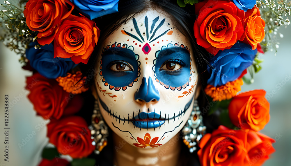 Portrait of a young woman celebrating the Day of the Dead in Mexico with traditional face coloring. Portrait of a young woman celebrating the Day of the Dead in Mexico with traditional face coloring.