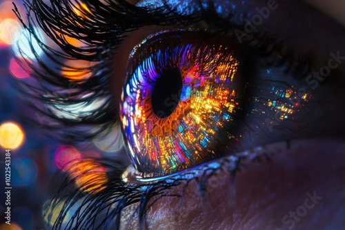 A close-up of an eye reflecting vibrant city lights, showcasing a blend of colors and intricate details.