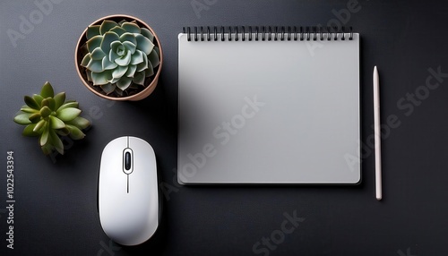 Minimalist Desk Setup with Succulent Plants, Spiral Notebook, Pen, and Wireless Mouse on Black Surface photo