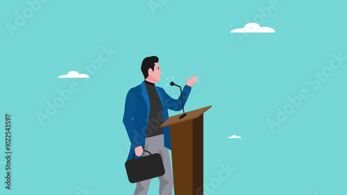 public speaking skills, executive management skill to communicate with employee, , illustration of a person expressing an opinion, businessman makes a speech giving direction to employees