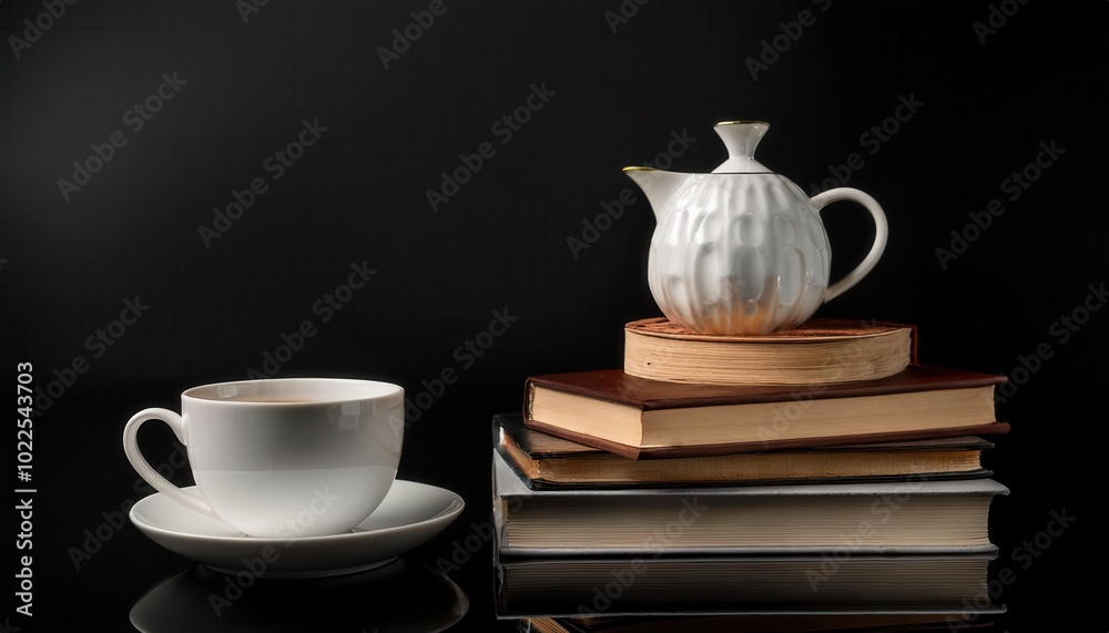 Minimalist Stack of Hardcover Books and Elegant Textured White Mug on Reflective Surface Against Dark Background for Cozy Reading Atmosphere Minimalist Stack of Hardcover Books and Elegant Textured White Mug on Reflective Surface Against Dark Background for Cozy Reading Atmosphere