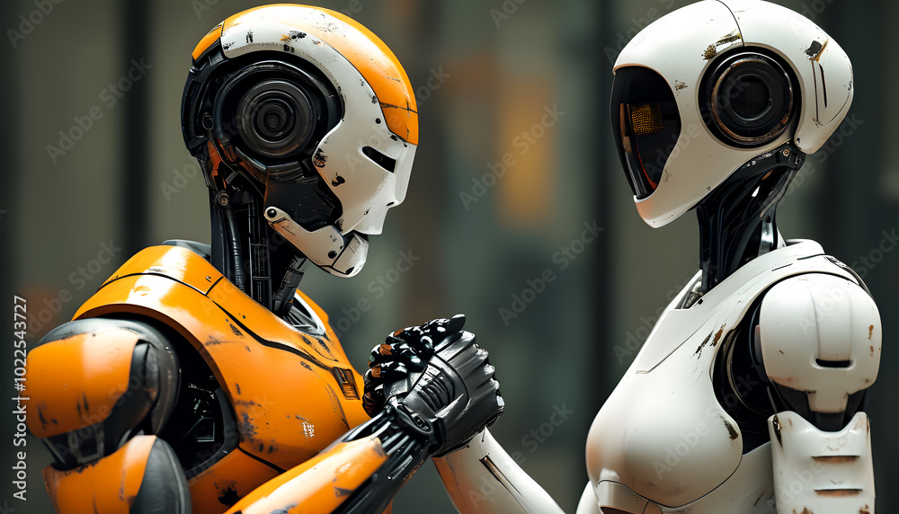 Modern robots with artificial intelligence shake hands on the street. Technologies of the future of AI. Modern robots with artificial intelligence shake hands on the street. Technologies of the future of AI.