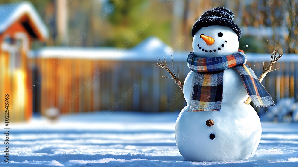 Obraz premium An eccentric snowman standing proudly in a snow-covered yard, featuring sticks for hair, an oversized scarf made of fabric scraps, and a broom hat. The snowman’s eyes are made from acorns,