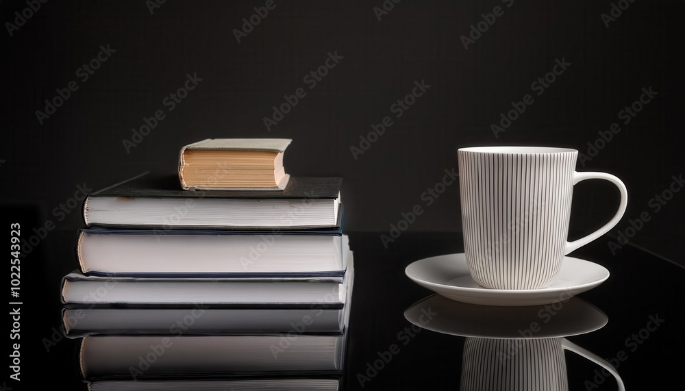 Fototapeta premium Minimalist Stack of Hardcover Books and Elegant Textured White Mug on Reflective Surface Against Dark Background for Cozy Reading Atmosphere