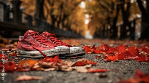 leaves tennis shoes road