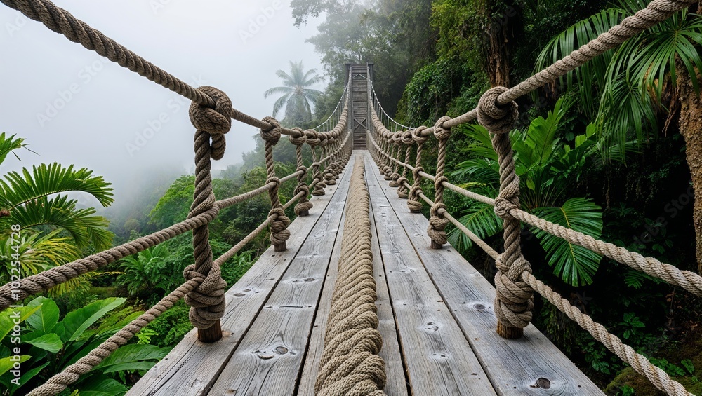 natural suspension bridge, crafted from weathered wooden planks and thick, twisted ropes with intricate knots, evoking a sense of sturdiness and adventure. natural suspension bridge, crafted from weathered wooden planks and thick, twisted ropes with intricate knots, evoking a sense of sturdiness and adventure.