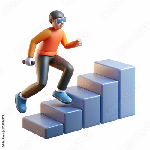 Abstract Figure Running Up Digital Steps: Panning Shot Symbolizing Ascent Towards Tech Milestones in Japan Through Exercise & Soft Bokeh Lights - Photo Stock Concept