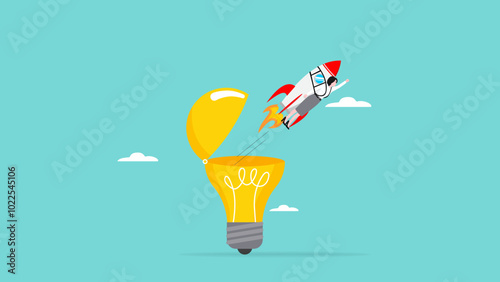 businesswoman riding rocket flying from light bulb illustration, business growth or profit increase, new creative idea, business start up concept, innovative start up business to achieve success goal