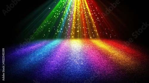 A vibrant display of colorful light beams and particles on a dark background.