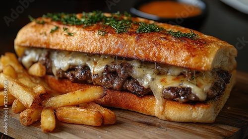 Juicy Cheesesteak Sandwich with Crispy Fries
