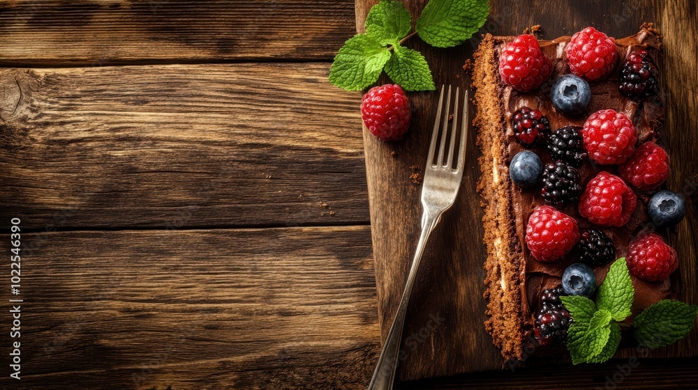 Decadent chocolate tart topped with fresh berries on rustic wooden backdrop Decadent chocolate tart topped with fresh berries on rustic wooden backdrop