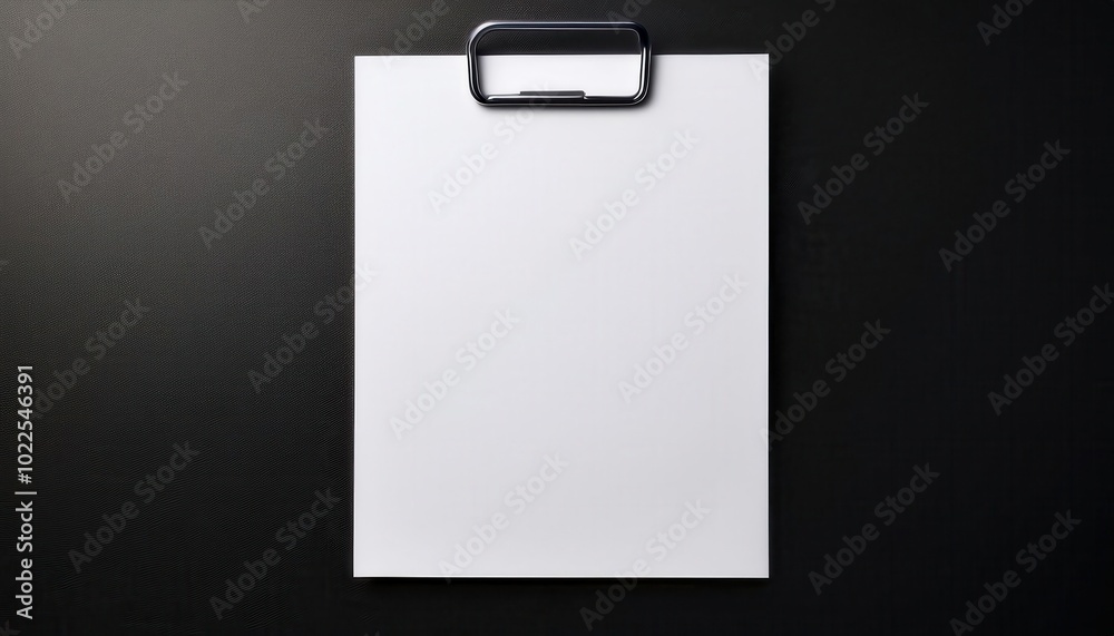 Minimalistic top view of a blank white paper clipped with a black binder clip, placed on a dark black background, ready for notes, ideas, or tasks, highlighting simplicity and office organization Minimalistic top view of a blank white paper clipped with a black binder clip, placed on a dark black background, ready for notes, ideas, or tasks, highlighting simplicity and office organization