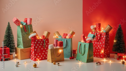 Colorful Holiday Gift Bags and Decorations in Festive Setting