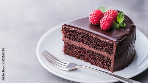 Decadent chocolate cake slice with fresh raspberries on elegant plate