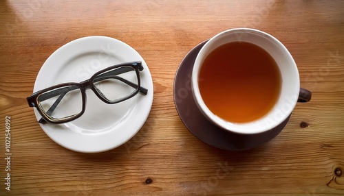 Serene Workspace Moment. Glasses Rest Beside a Tranquil Cup of Tea on a Wooden Surface with Soft Sunlight photo