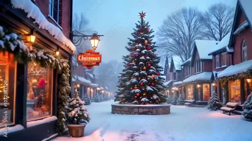 A Christmas tree is lit up in a snowy town square. The street is lined with shops and a sign for a store called A Christmas tree is lit up in a snowy town square. The street is lined with shops and a sign for a store called