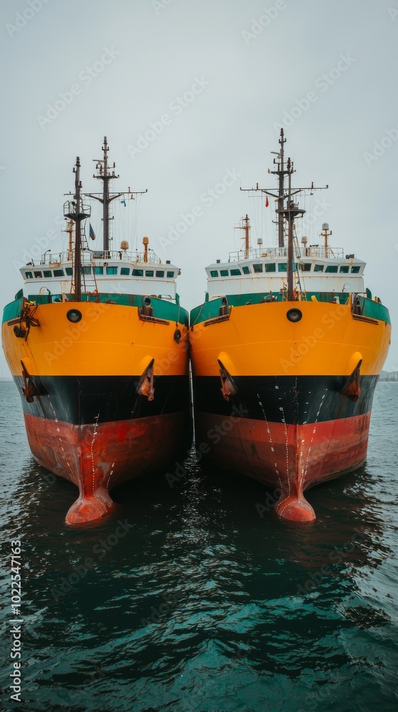 Two Yellow and Green Cargo Ships Moored at Sea Two Yellow and Green Cargo Ships Moored at Sea