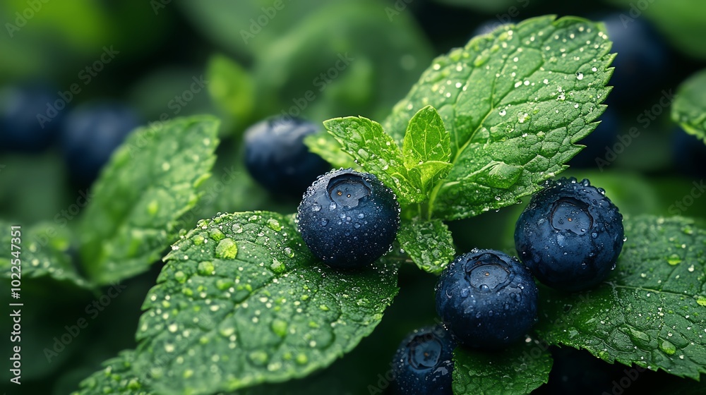Fresh blueberries and mint leaves with water droplets. Fresh blueberries and mint leaves with water droplets.