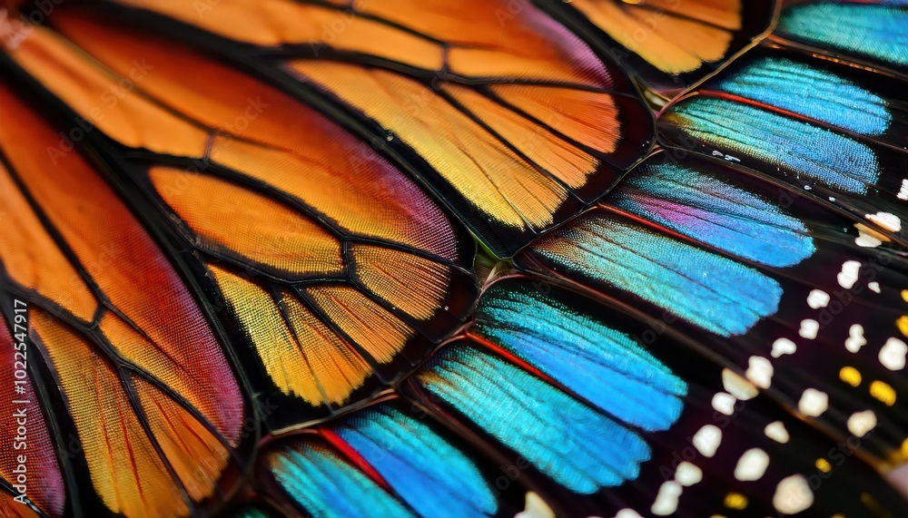 Vibrant Macro Close-up of a Butterfly Wing Displaying a Spectrum of Iridescent Colors and Delicate Veins Vibrant Macro Close-up of a Butterfly Wing Displaying a Spectrum of Iridescent Colors and Delicate Veins