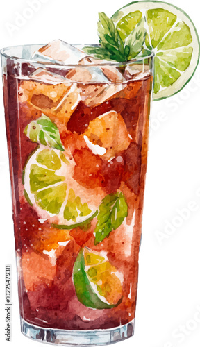 Watercolor vector Cuba Libre illustration. Alcohol long drink clipart. Glass of cocktail. Club shake beverage hand drawn illustration. Stock print.