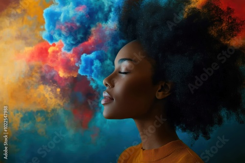 Serene young adult dark-skinned woman with colorful background