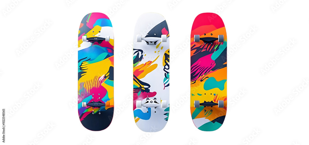 three set of Vibrant colorful skateboards with artistic designs isolated transparent background three set of Vibrant colorful skateboards with artistic designs isolated transparent background