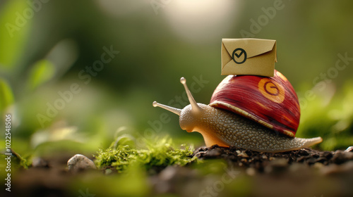 whimsical snail wearing postal workers hat carries small envelope on its back, symbolizing delivery and communication in vibrant, natural setting