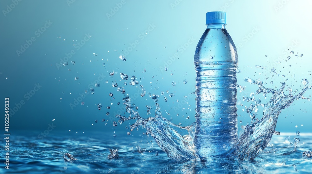 A plastic bottle of water with water splashing around it on a blue background. A plastic bottle of water with water splashing around it on a blue background.