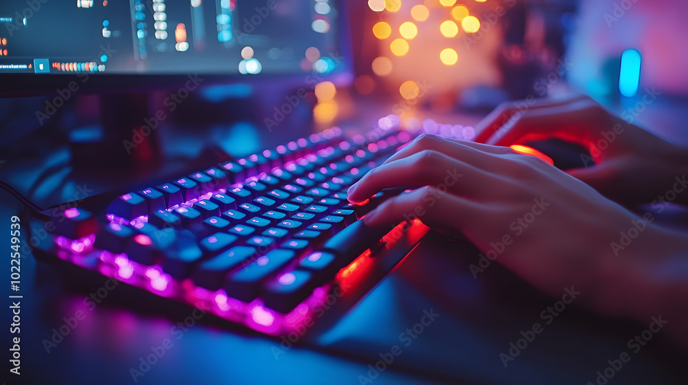 Close-up of hands using a gaming mouse and keyboard for online gaming, capturing intense focus and precision in a competitive esports environment. The image emphasizes high-performance gaming equipmen