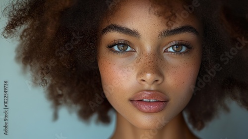 Close Up Portrait of a Beautiful Woman with Freckles and Curly Hair