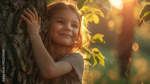 The little girl hugs the big tree in the forest, expressing the warmth and love she has for nature, helping to create a deep bond between humans and this world.