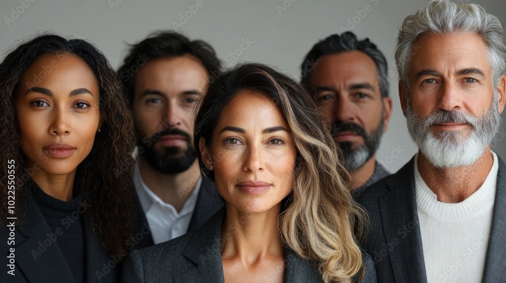 Group of diverse professionals posing for a corporate portrait.