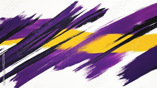 Abstract artwork featuring bold strokes of purple, black, and yellow on a white background.