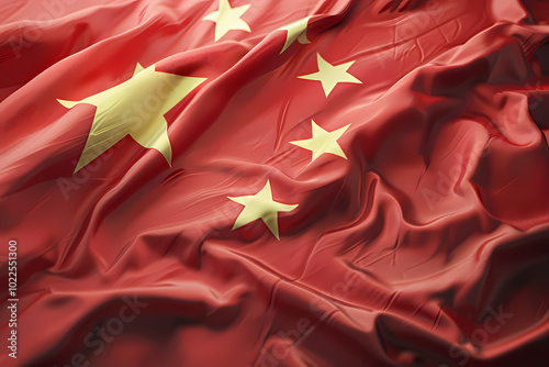 A close-up view of the Chinese flag, showcasing its vibrant red color and gold stars, symbolizing unity and pride. photo