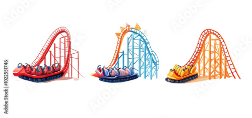 three set of Vibrant colorful steep rollercoaster rider isolated transparent background