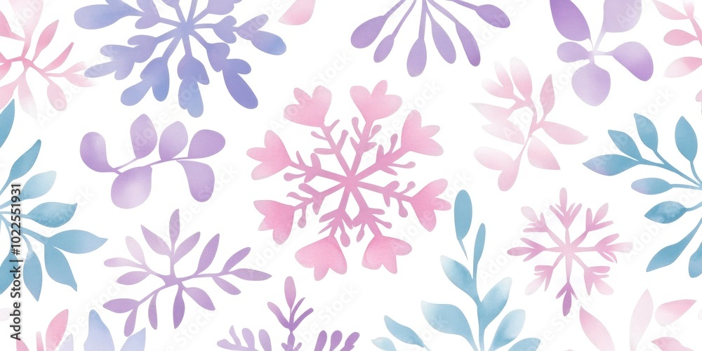 Fototapeta premium Seamless pattern of hand-drawn, pastel-colored snowflakes on a white background