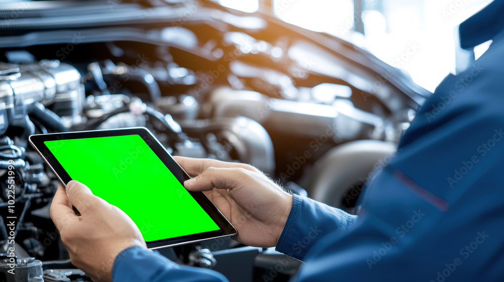 Mechanic using tablet to diagnose vehicle issues in garage. High-tech tools for maintenance and repair. Modern technology in automotive industry. Mechanic using tablet to diagnose vehicle issues in garage. High-tech tools for maintenance and repair. Modern technology in automotive industry.