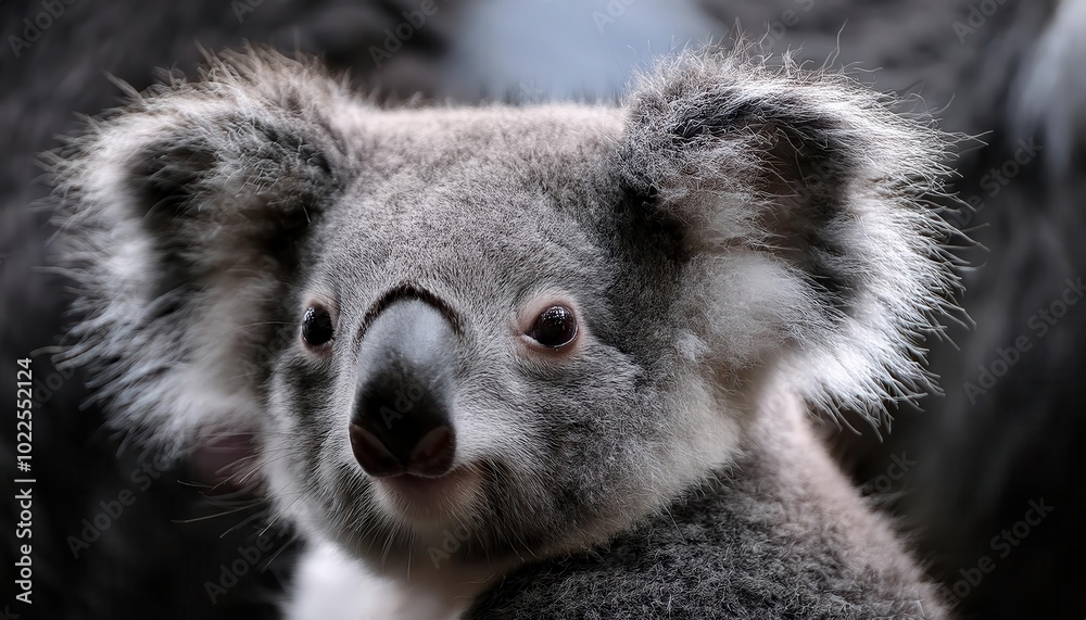 Fototapeta premium Close-up Portrait of a Koala Bear with Fluffy Ears and Soft Grey Fur Gazing Into the Camera Against a Blurred Natural Background