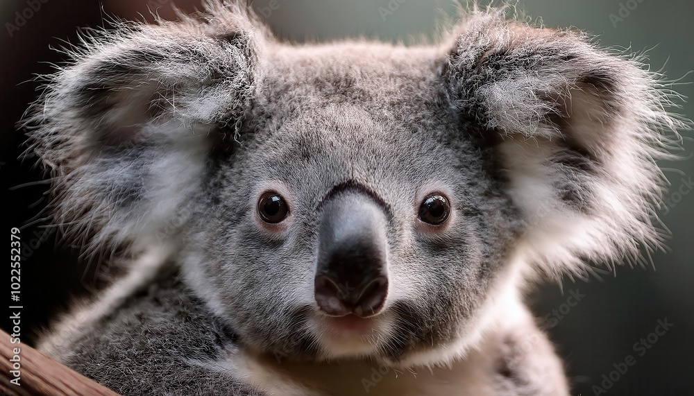 Obraz premium Close-up Portrait of a Koala Bear with Fluffy Ears and Soft Grey Fur Gazing Into the Camera Against a Blurred Natural Background