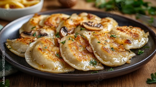 A plate of pan-fried pierogies with mushrooms and parsley garnish.