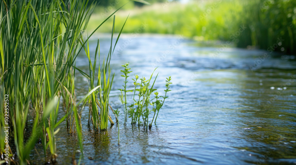 Close-up of river reeds and aquatic plants along the river edge Close-up of river reeds and aquatic plants along the river edge