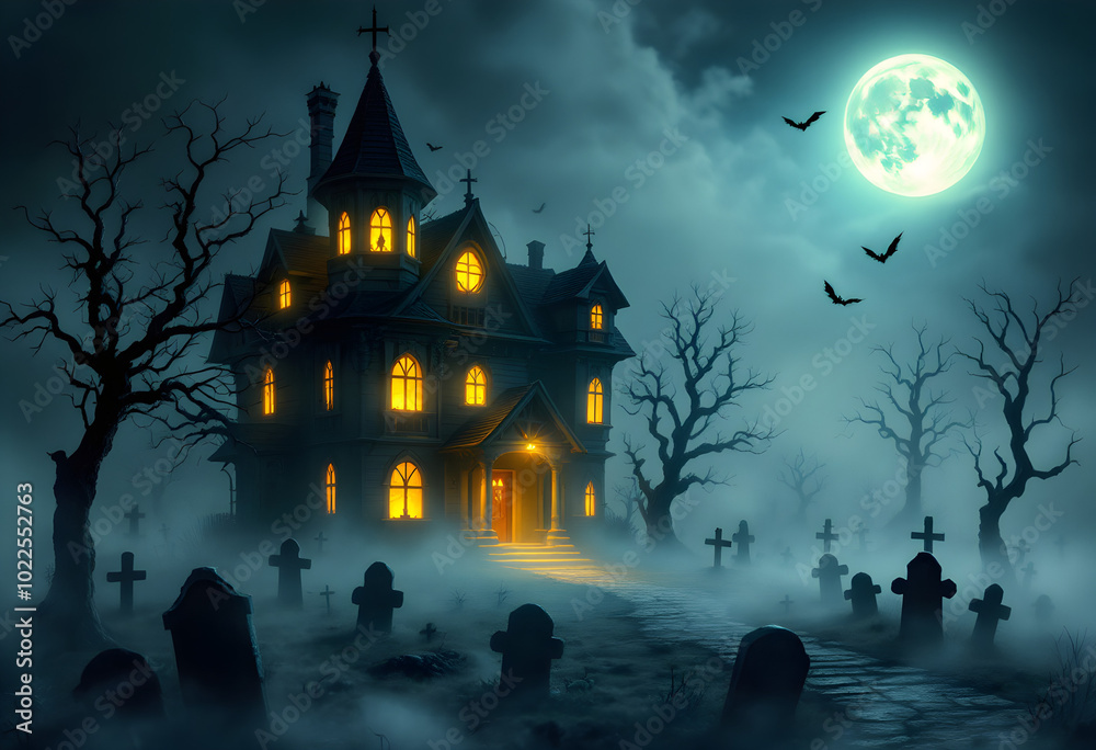 Spooky Haunted House on a Foggy Halloween Night Spooky Haunted House on a Foggy Halloween Night
