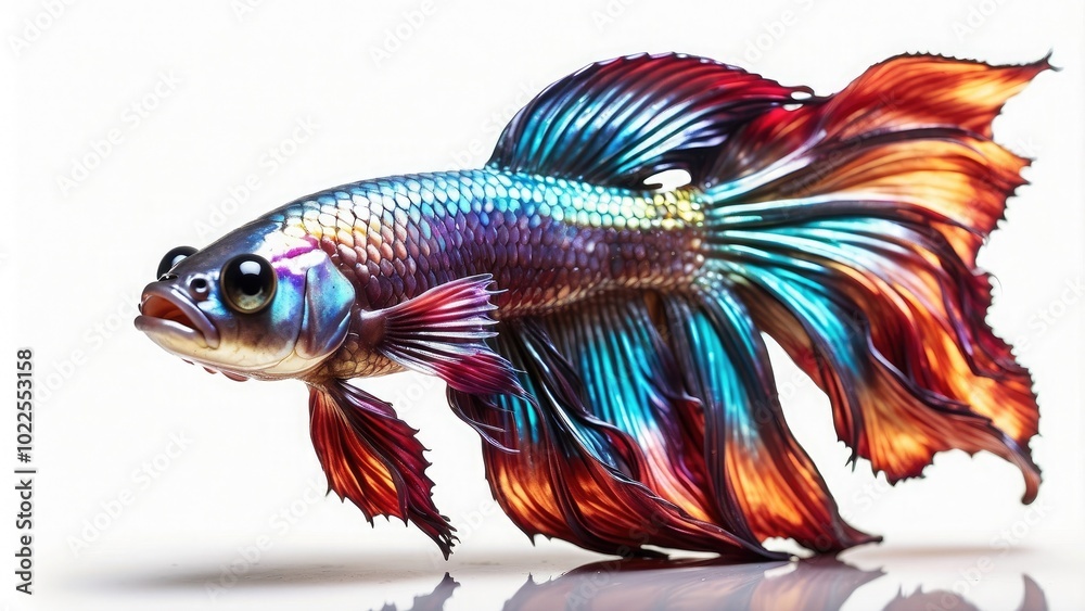A majestic betta fish with flowing fins and iridescent scales, displaying vivid colors, isolated on white background. A majestic betta fish with flowing fins and iridescent scales, displaying vivid colors, isolated on white background.