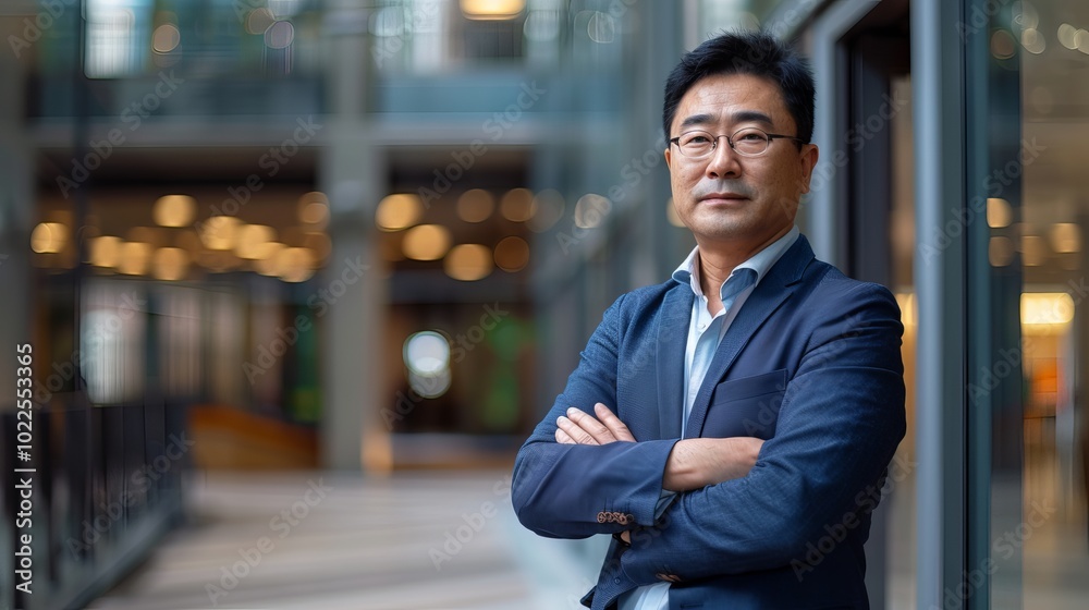 Confident and happy businessman standing with crossed arms, smiling directly at the camera in a modern professional office environment, demonstrating leadership and success Confident and happy businessman standing with crossed arms, smiling directly at the camera in a modern professional office environment, demonstrating leadership and success