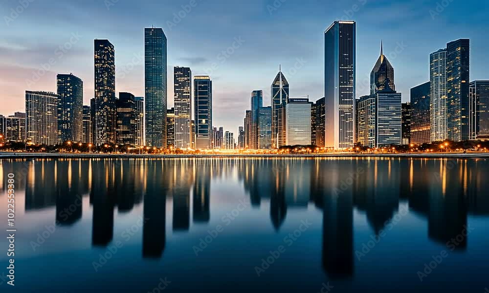 Cityscape with Skyscrapers Reflected in a Calm Water Body Cityscape with Skyscrapers Reflected in a Calm Water Body