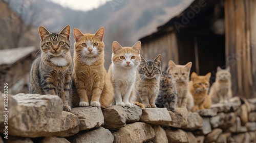 A group of six cats sitting on a stone wall, looking towards the camera.