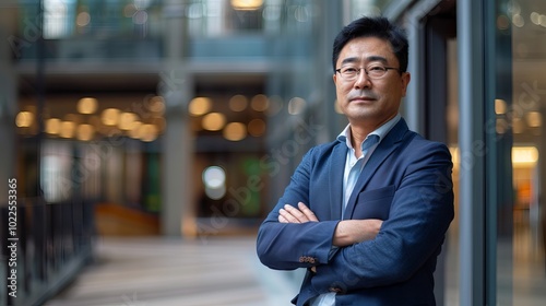 Confident and happy businessman standing with crossed arms, smiling directly at the camera in a modern professional office environment, demonstrating leadership and success