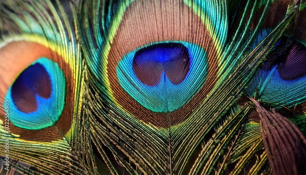 Fototapeta premium Vibrant Close-up of a Peacock Feather's Iridescent Eye Pattern Highlighting Rich Greens, Blues, and Golds
