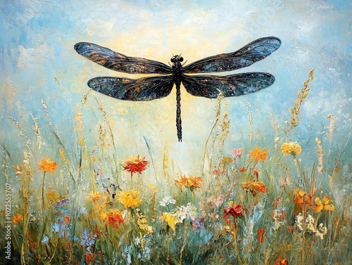 Malowany obraz kolorowej łąki z ważką, trendy 2025 generative ai