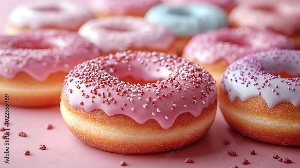 Doughnuts on a pastel pink background, a beautiful composition of colorful, glazed doughnuts with sprinkles.
